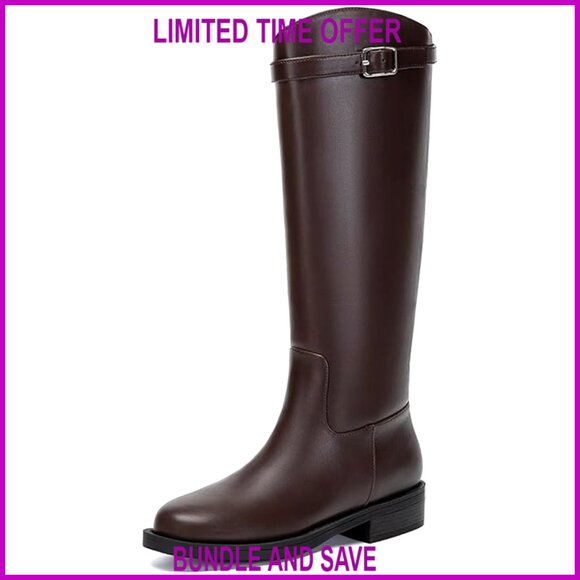 Knee High Riding Boots Round Toe Low Heel Pull On Buckle Tall Boots